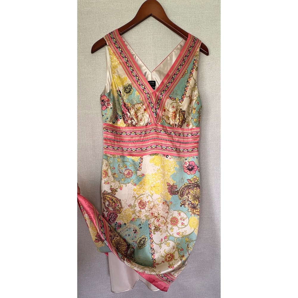 Nicole Miller Y2K 100% Silk Paisley Floral V-Neck Sheath Dress 10 Garden Wedding - Picture 5 of 10